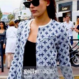 IRO blue/white diamond pattern jacket with white  lamb leather trim, frayed edge